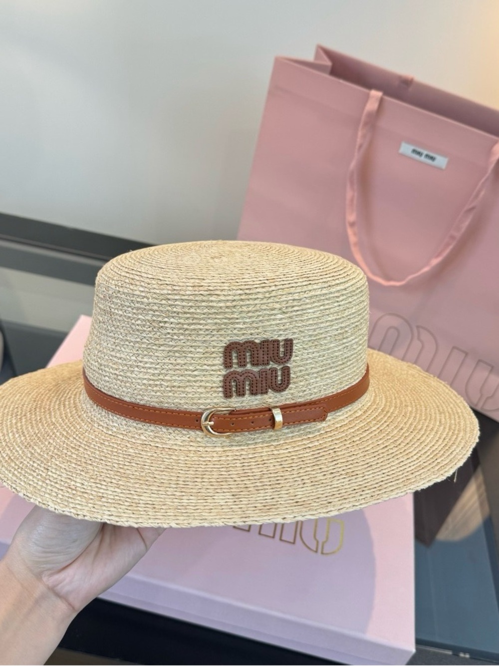 Miu Miu Natural Straw Boater Hat with Brown Leather Band